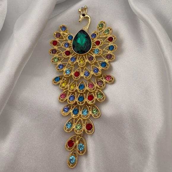 Anthropologie Jewelry - Queen Style Gold Peacock Brooch with Multicolor Gems